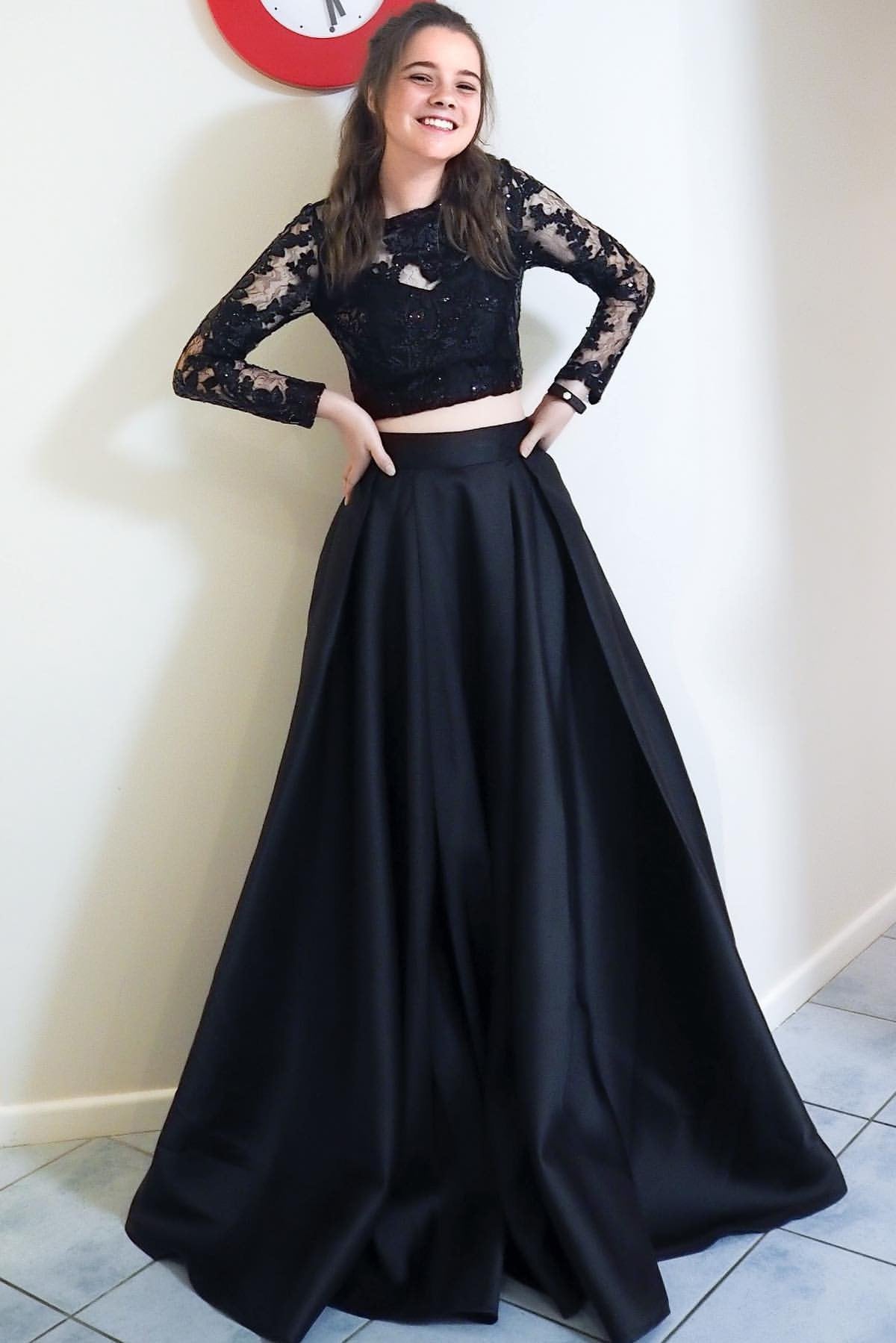 Two Piece Black Long Prom Dresses, Long Sleeves Formal Gowns MP81