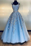 Light blue tulle applique long prom dress straps evening dress mg179