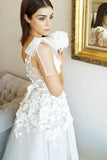 princess straps bowknot v neck tulle appliques wedding dress