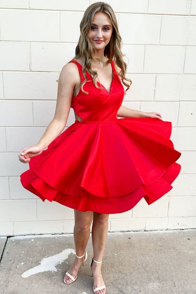 Layered Red Satin Simple Homecoming Dress, V Neck Red Short Prom Dress GM346