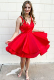 Layered Red Satin Simple Homecoming Dress, V Neck Red Short Prom Dress GM346