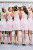 A-line crew pink short lace bridesmaid dresses with belt gb372