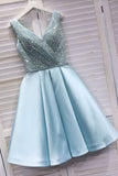 sparkly new light blue homecoming dress v neck short prom dress