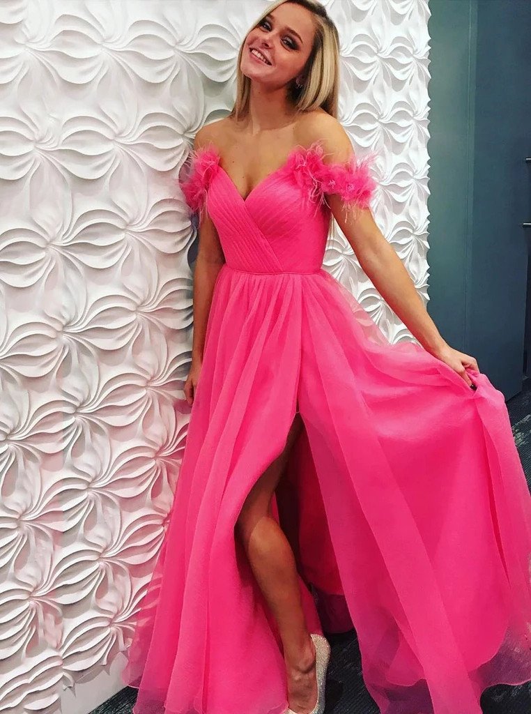 Off-shoulder tulle fuchsia prom dresses with split, long formal dresses mg271