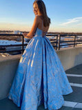 A line v neck spaghetti blue prom dresses with lace up, long formal gown mg272