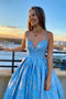 A Line V Neck Spaghetti Blue Prom Dresses with Lace up, Long Formal Gown MG272