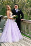 A line v neck lilac long prom dresses, appliques long formal gowns mg270