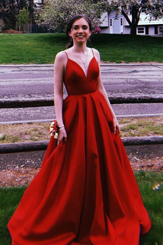 spaghetti straps simple long prom dress red evening satin formal dress