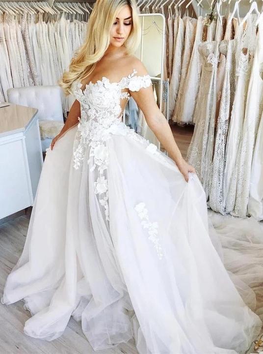 Off shoulder lace appliques tulle wedding dresses a line long bridal dresses gw692
