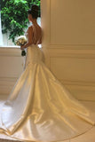 Round neck backless simple satin mermaid wedding dresses gw696