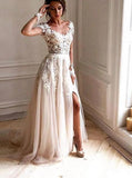 Sheer long sleeve lace appliques tulle wedding dresses beach with split mg690