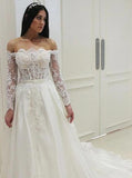 Off the shoulder lace appliques long sleeve wedding dresses mg691