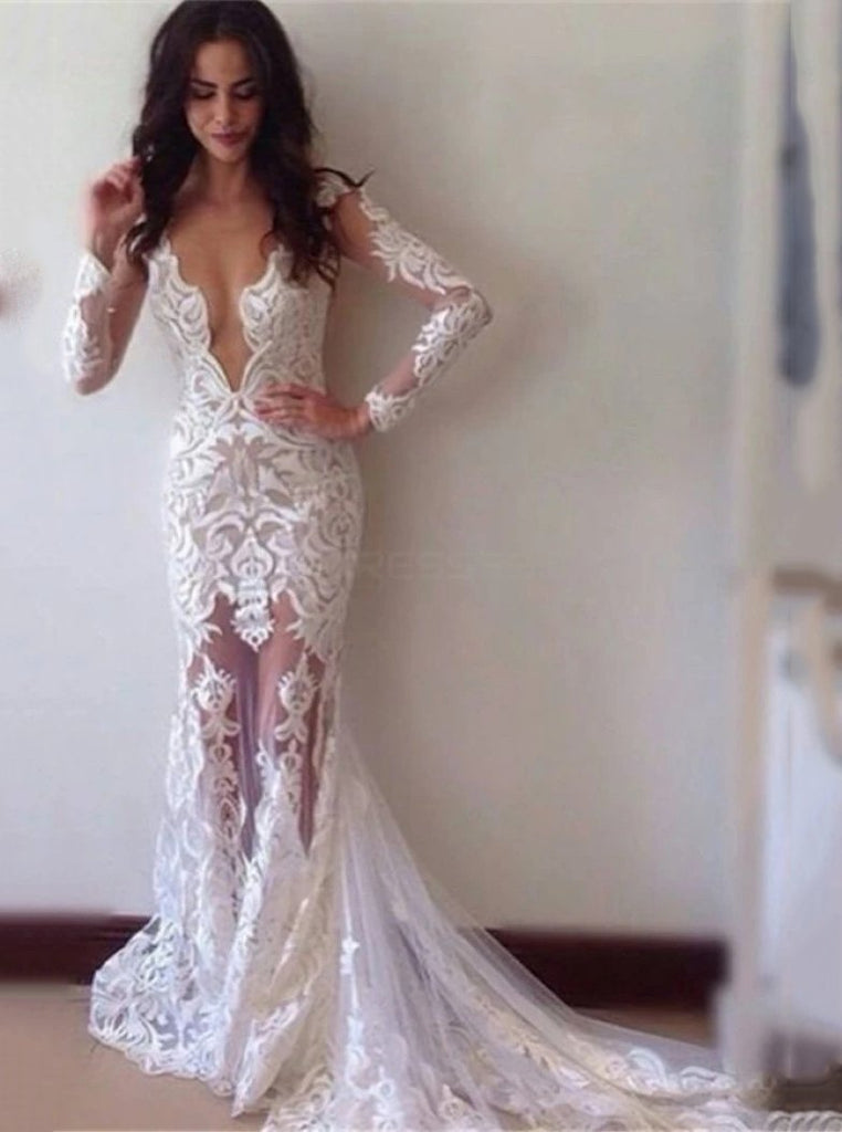 Sexy v neck lace appliques wedding dresses long sleeve mermaid gown mg686