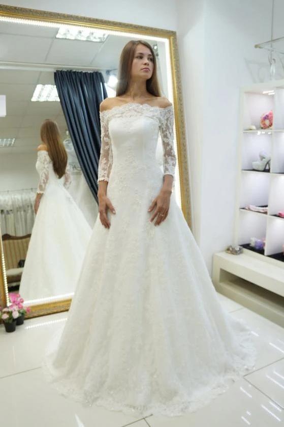 Off shoulder long sleeve wedding dresses lace appliques bridal dresses mg684