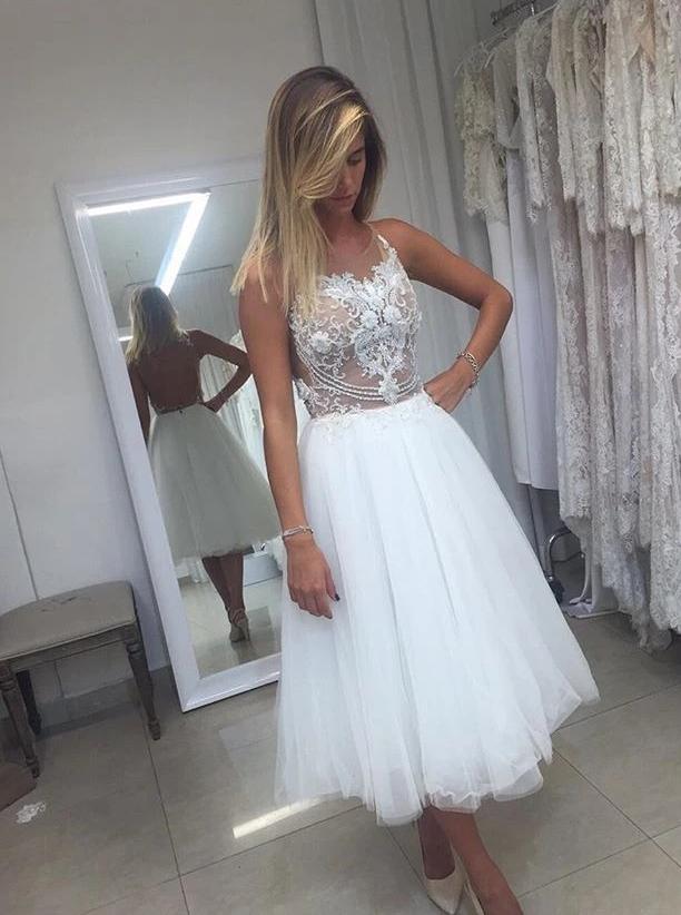 A-line short backless wedding dresses lace applique short bridal gown mg683