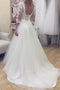 A-Line V Neck Lace Appliques 3/4 Sleeves Tulle Wedding Dresses PW294