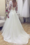 V neck lace appliques 3/4 sleeve open back wedding dresses mg679