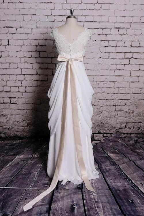 Princess v neck cap sleeve lace chiffon wedding dresses with ribbons mg680