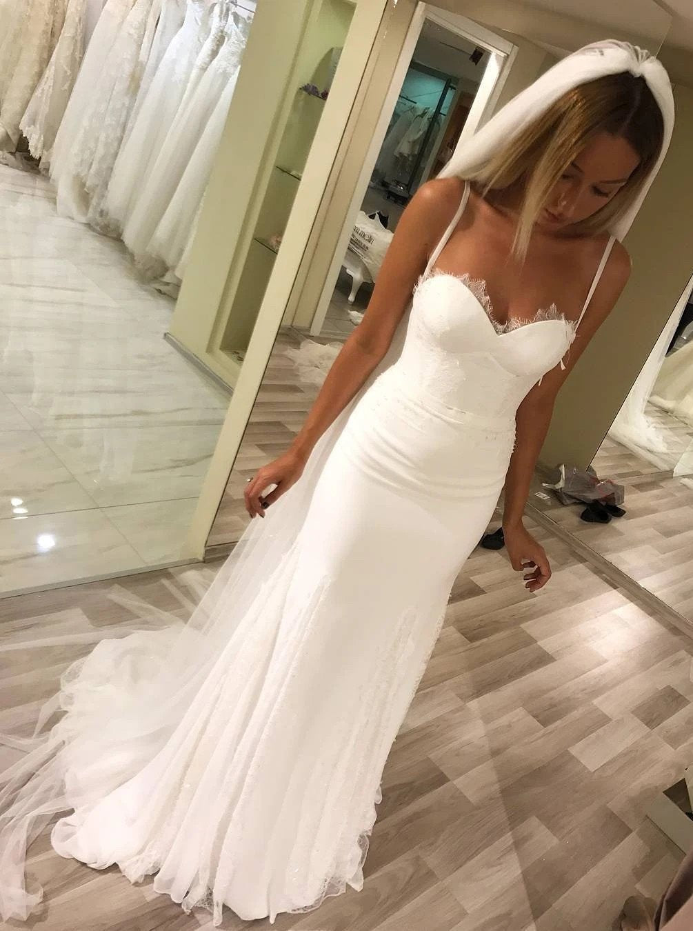 Spaghetti straps sweetheart sheath wedding dresses long bridal dresses mg682