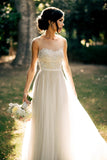 Simple Sheer Neckline Lace Applique Long Beach Wedding Dresses PW352