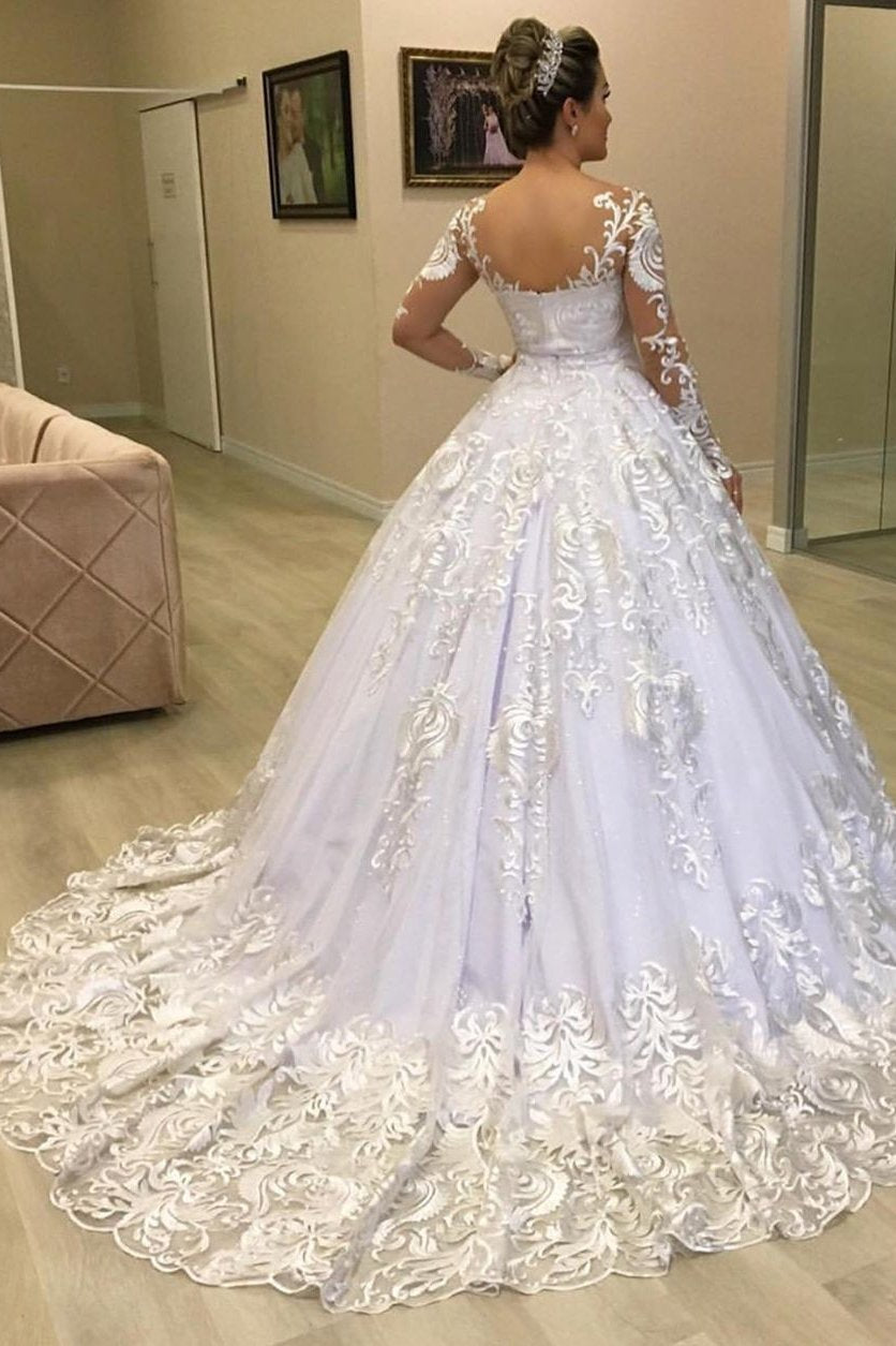 Princess Lace Appliques Ball Gown Long Sleeves Wedding Dresses PW15