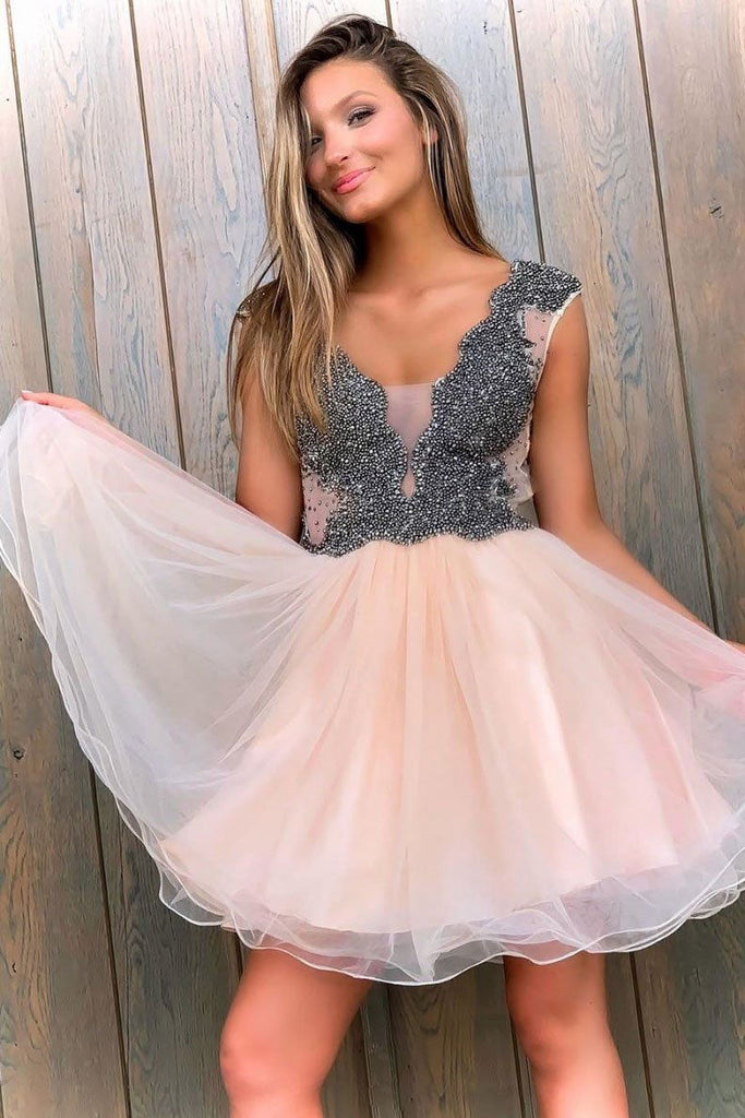 cute homecoming dress a line v neck short prom dress with beading