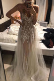 see through lace appliques tulle long prom dress straps formal gown