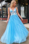 Blue V-neck Lace Appliques Tulle Long Prom Dress With Open Back MP1219