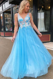 blue v neck lace appliques tulle long prom dress with open back