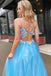 blue v neck lace appliques tulle long prom dress with open back