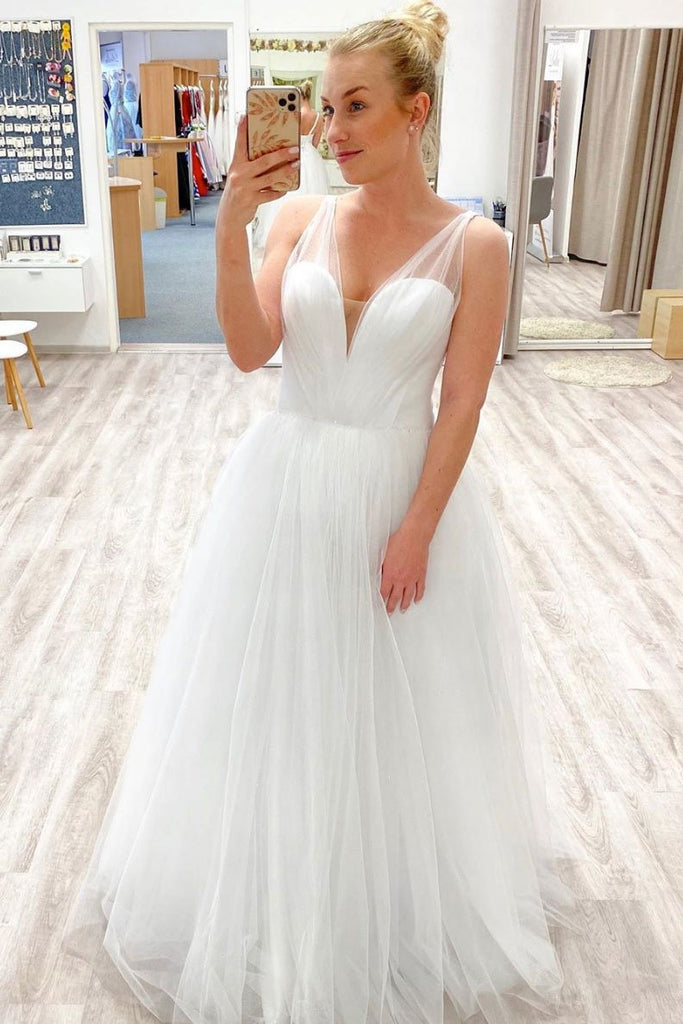 white simple plus size wedding dress a line floor length bridal gown