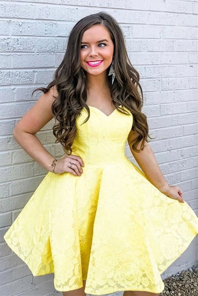 sweetheart yellow lace homecoming dress lace short prom graduation dress