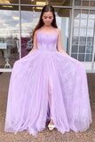 Spaghetti Straps Tulle Lilac Prom Dress, Backless Formal Evening Dress With Lace GP52