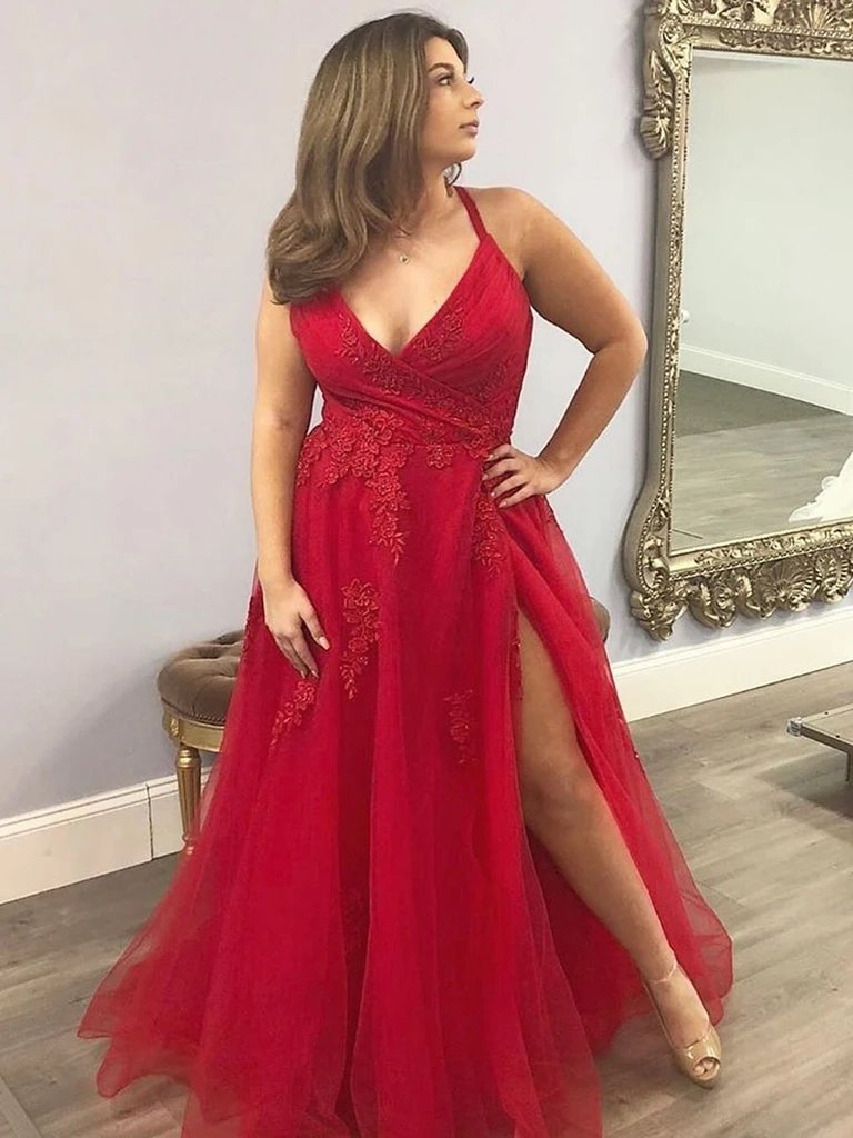 V neck red tulle prom dresses, long plus size formal evening dresses mg191