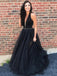 Black Plunging Neckline Tulle Long Prom Dresses With Beading MP29