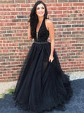 Black Plunging Neckline Tulle Long Prom Dresses With Beading MP29