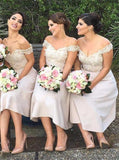 Off-shoulder tea-length satin bridesmaid dresses with appliques gb376