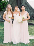 Cap sleeves v-neck chiffon long pearl pink bridesmaid dresses gb360
