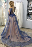 A-line long sleeves navy blue long prom dresses with appliques mg112