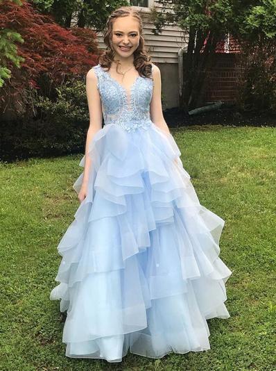 A-line/Princess Sweet 16 Dresses, Sky Blue Ruffles Long Prom Dresses MP49