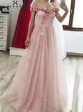 A-line 3D Appliqué Off Shoulder Tulle Glitter Long Prom Dresses MP154