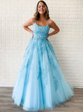 Spaghetti-straps Tulle Sky Blue Long Prom Dresses With Appliques MP75