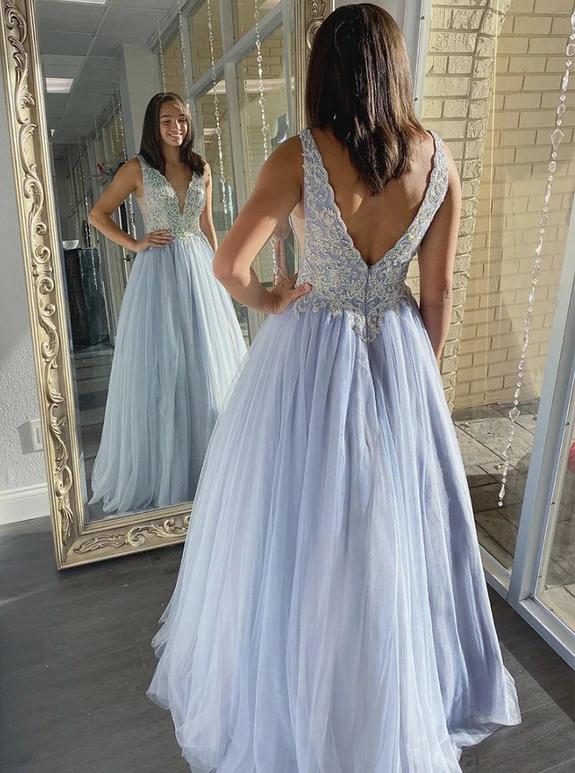 A-line v-neck tulle lace appliques long prom dresses formal dress mg18