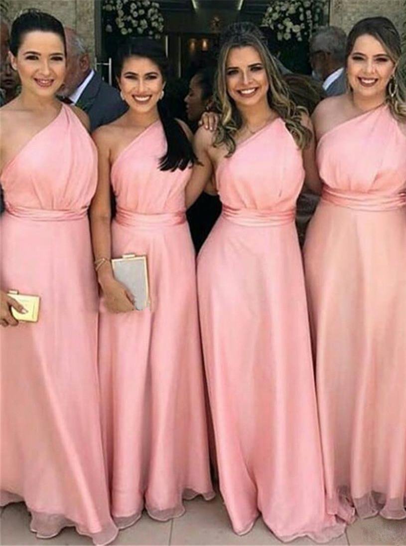 Simple one-shoulder pink chiffon long bridesmaid dresses gb367
