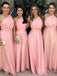 Simple one-shoulder pink chiffon long bridesmaid dresses gb367