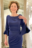 Bell Sleeves Mermaid Pleated Deep Blue Mother of the Bride Dress WM108