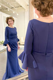 Bell Sleeves Mermaid Pleated Deep Blue Mother of the Bride Dress WM108