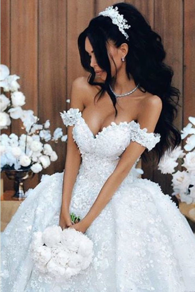 off shoulder tulle appliques wedding dress with detachable train