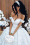 Off-Shoulder Tulle Appliques Wedding Dress With Detachable Train PW401