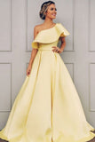 one shoulder prom dress a line yellow satin formal gown